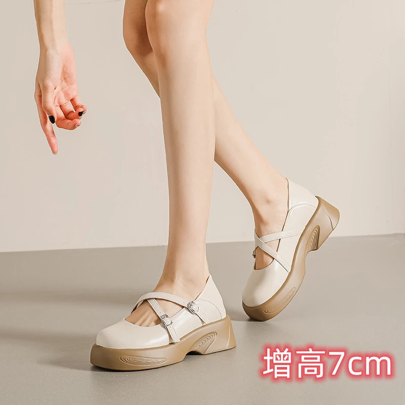 内玛丽珍白色单鞋交叉带粗跟浅口女鞋高跟厚底小皮鞋