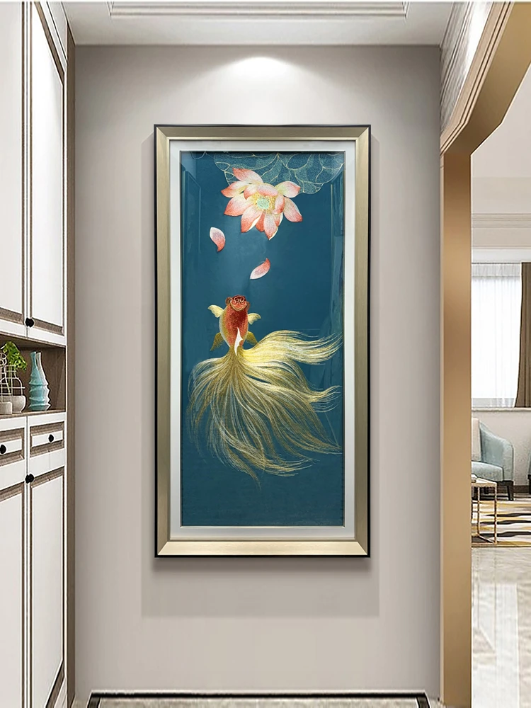 荷花金鱼织锦绣挂画新中式简约轻奢玄关装饰画进门苏州刺绣壁画