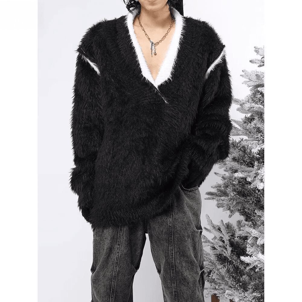 秋冬时尚V领撞色仿貂绒慵懒风宽松毛绒保暖休闲针织衫毛衣外套男