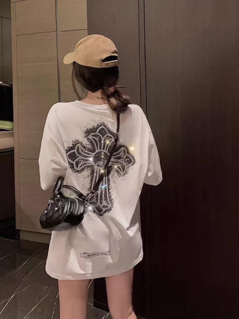 24新款十字短袖T恤纯棉时尚宽松休闲轻奢百搭情侣圆领短袖T恤