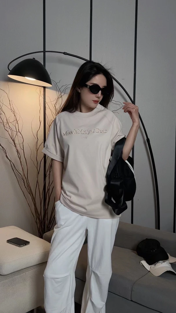 新款经典欧美刺绣插肩袖MISS百搭时尚印花情侣宽松圆领短袖T恤