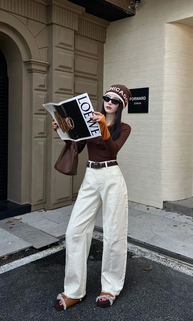 欧货春夏小春GX牛仔裤直筒女高腰宽松显瘦弯刀阔腿裤无皮带