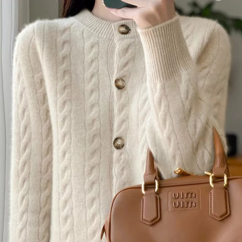 扭花圆领长袖羊毛衫七针加厚开衫外套D321