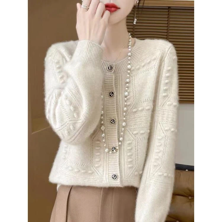 美丽诺纯羊毛镂空长袖外套100纯羊毛七针加厚结重工开衫D311