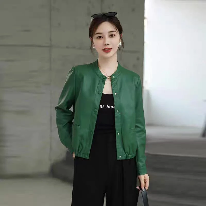【加棉加厚】海宁短款皮衣女2024秋新品皮夹克圆领休闲小个子短外套
