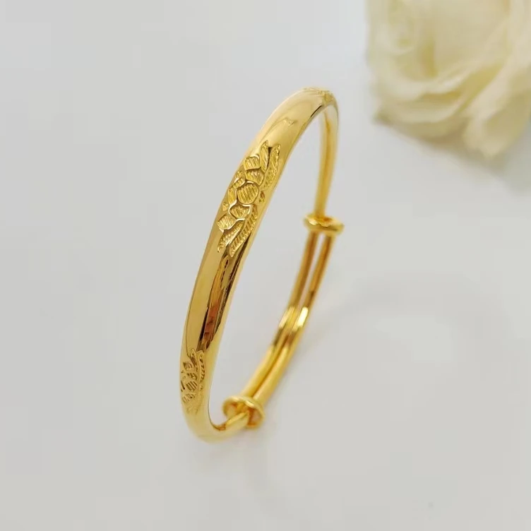 足银手镯 2025流行银手镯莲花推拉手镯 女款时尚经典金色可调节