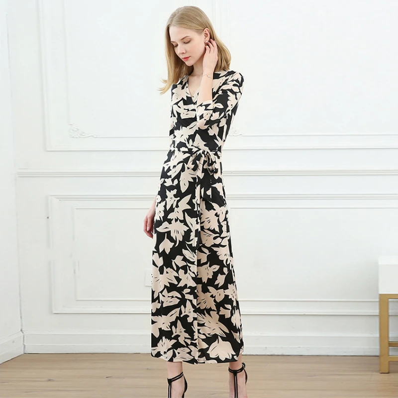 印花收腰V领长裙修身一片式连衣裙法式时尚气质裙子夏季