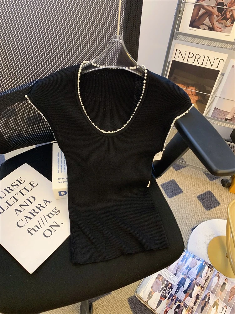 黑色钉珠U领针织无袖T恤女夏款轻奢高级感冰丝针织衫绝美法式上衣