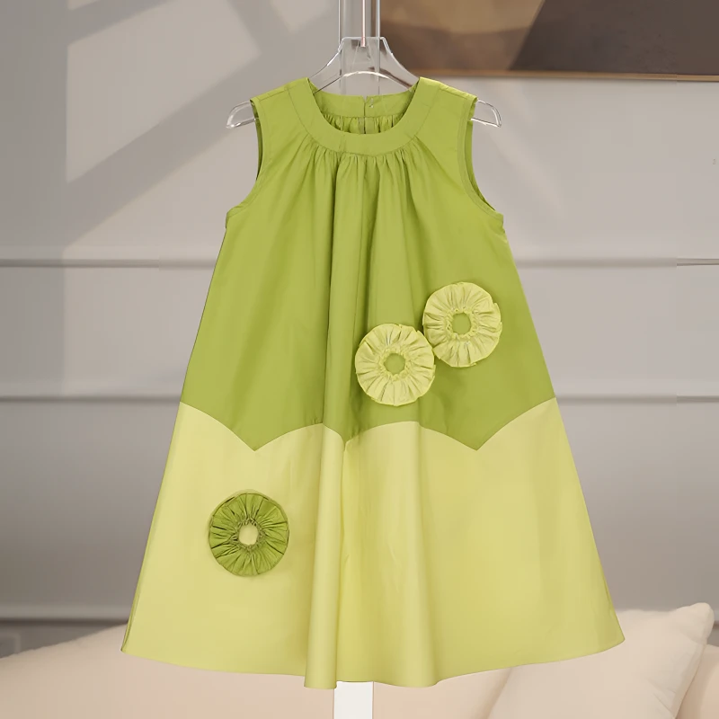 2025新款女童连衣裙拼色无袖背心裙清新纯棉立体花朵褶皱裙子6606
