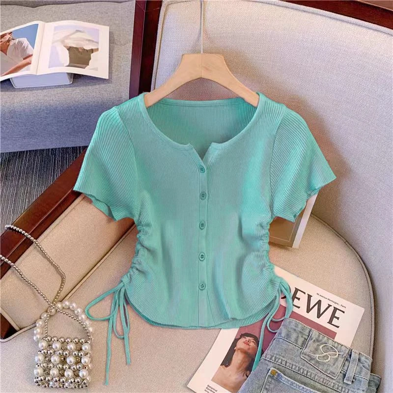夏季新款小香风短款抽绳正肩薄款针织开衫女洋气显瘦纯色短袖上衣