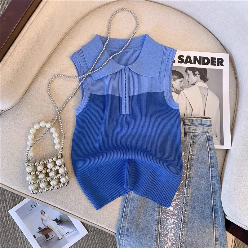 纯欲风polo领撞色拼接针织背心女夏季半拉链开衫辣妹无袖坎肩上衣