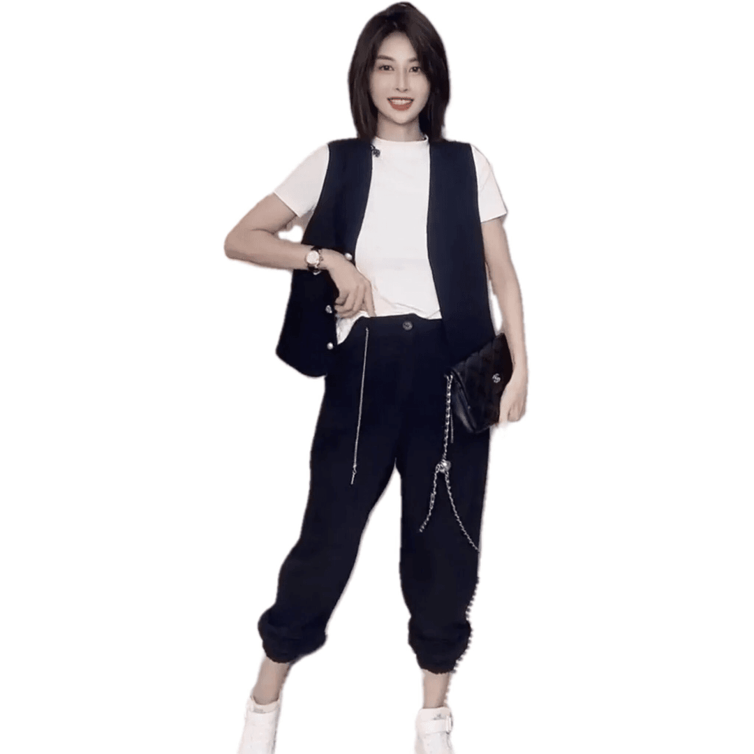 时尚潮流设计师套装女2024春季新款气质马夹休闲哈伦裤个性两件套