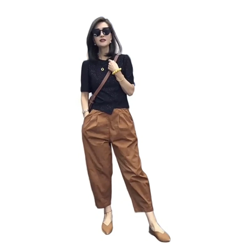 休闲时尚洋气套装女2025春秋新款圆领不规则短袖九分休闲裤两件套