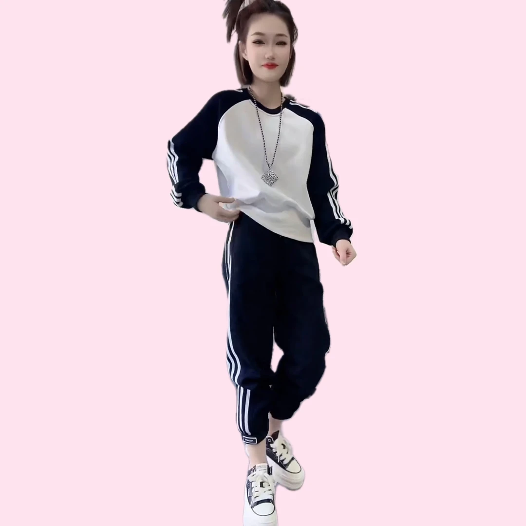 休闲运动套装女2025新款撞色杠条时尚洋气网红款两件套薄荷曼波