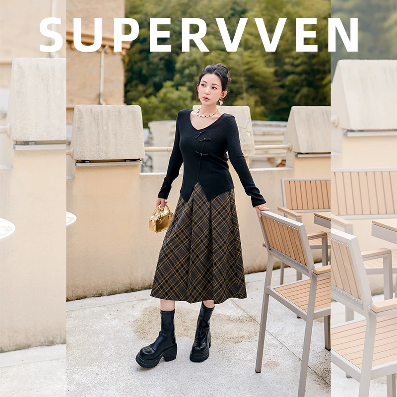 超级文 初梦暮云秋季中长款复古气质显瘦高腰格纹百褶裙微胖大码