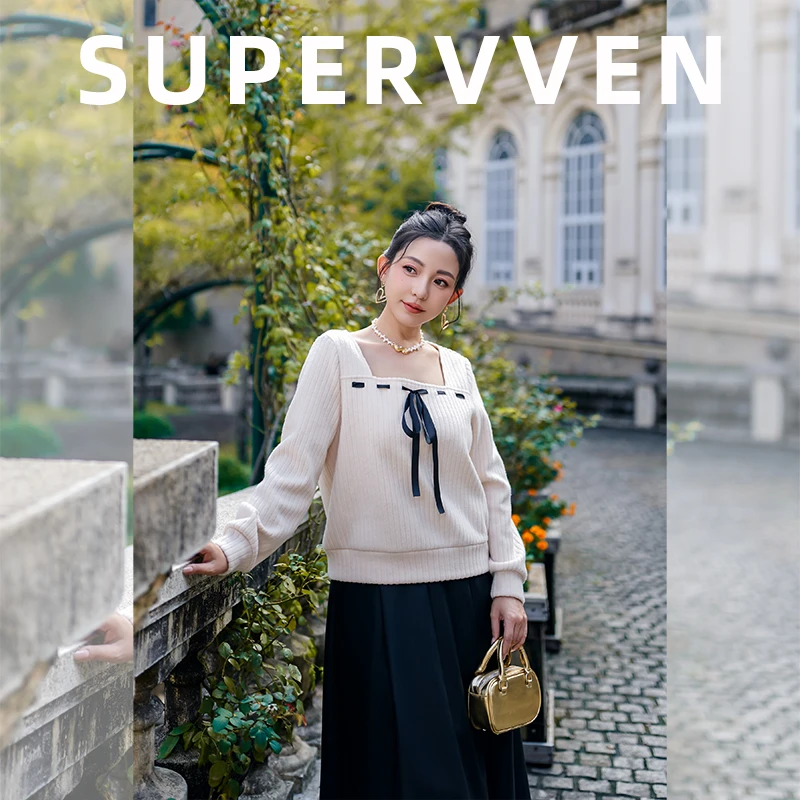 超级文 凉月横舟撞色织带甜美显瘦蝴蝶结针织小衫上衣女微胖大码