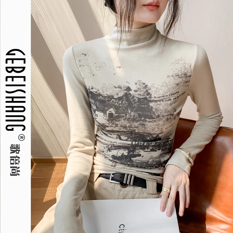 半高领长袖磨毛T恤女2024秋季新款印花修身别致西装内搭打底衫潮