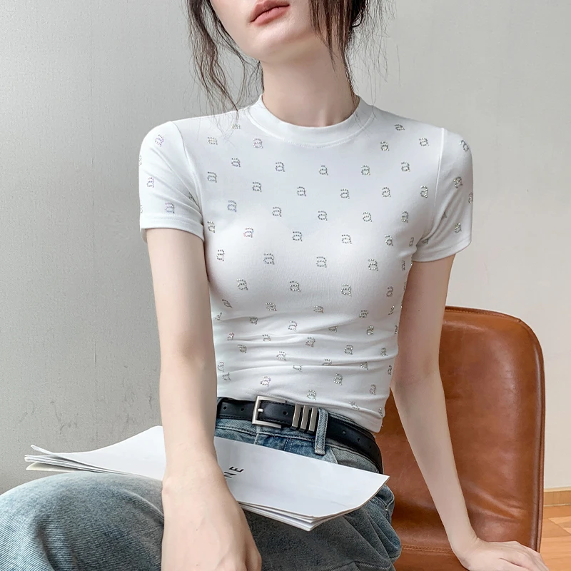 歌倍尚字母烫钻短袖T恤女2024夏季新款正肩修身显瘦百搭白色上衣