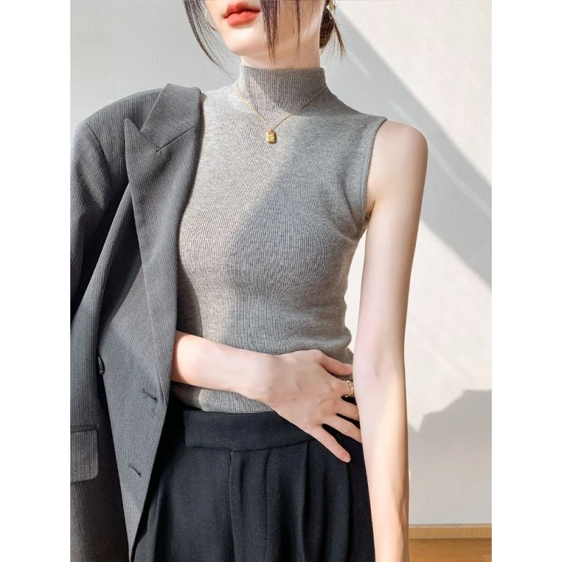 半高领无袖打底背心女2023秋冬新款修身显瘦西装内搭针织衫上衣
