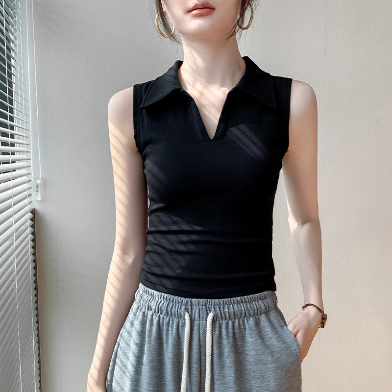 法式POLO领欧货无袖背心女2024春夏新款洋气修身显瘦别致纯色上衣
