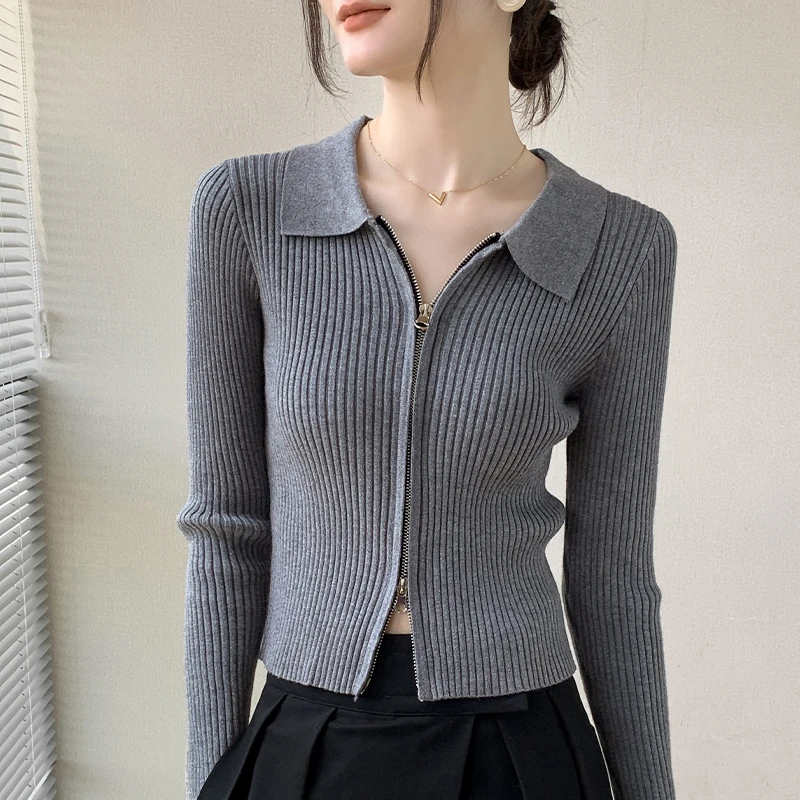 白色针织开衫polo卫衣2023秋冬新款修身套头长袖内搭拉链短外套女