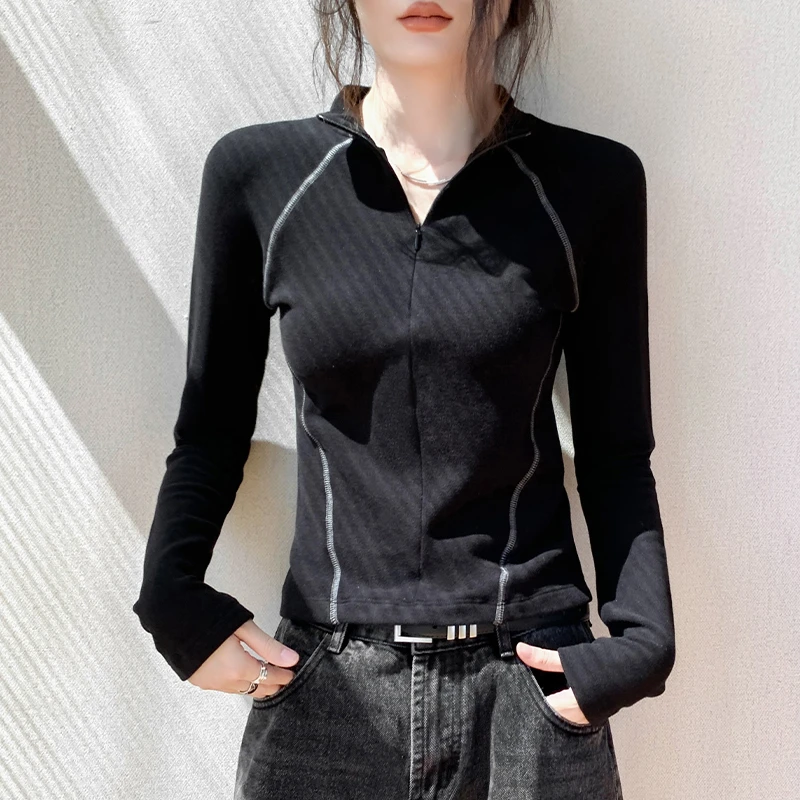 双面德绒拉链长袖T恤女2024秋冬新款修身加绒保暖时尚打底上衣