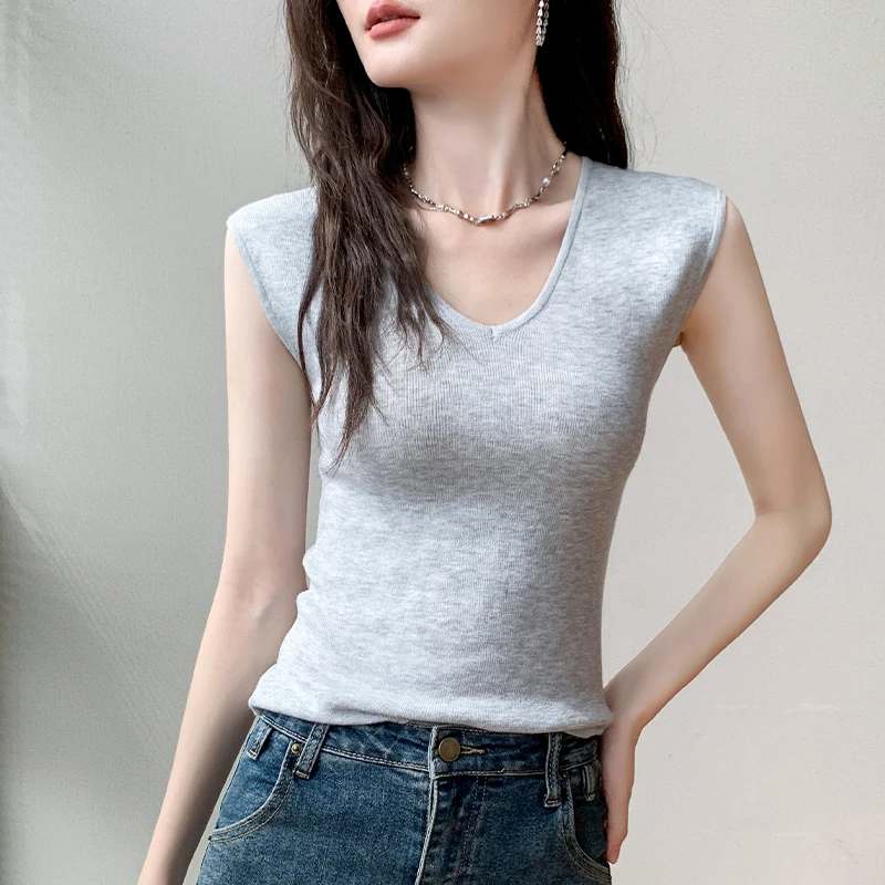 V领无袖针织衫女2024夏季新款修身坎肩纯色百搭配衬衫的内搭上衣