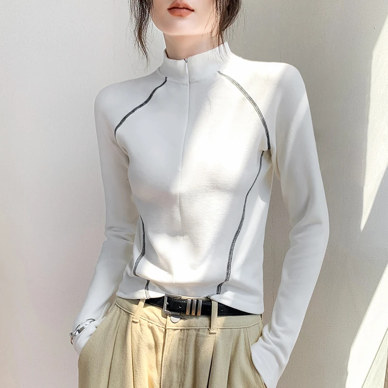 拉链半高领双面德绒长袖T恤女2024秋冬新款修身显瘦时尚打底上衣