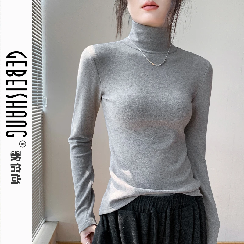 韩版高领长袖内磨毛T恤女秋冬新款修身纯色时尚内搭打底衫洋气
