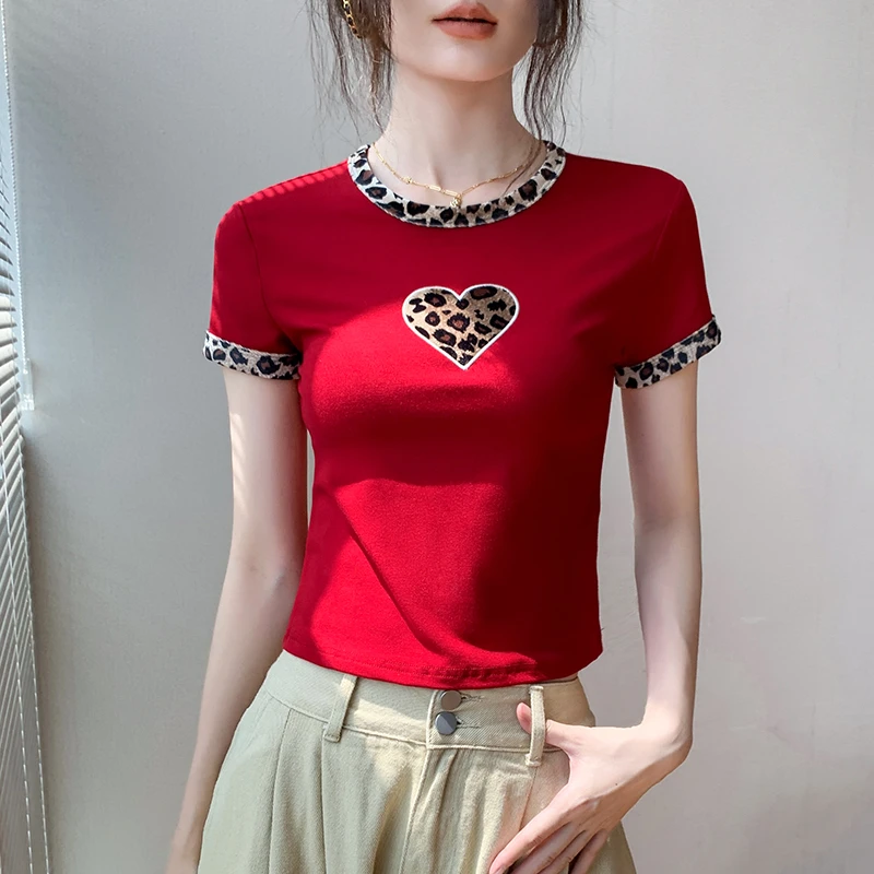 洋气豹纹拼接圆领短袖T恤女2024夏季新款修身设计感小众红色上衣
