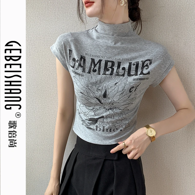 修身中高领打底无袖t恤女2024早秋新款印花感配衬衫的内搭上衣潮