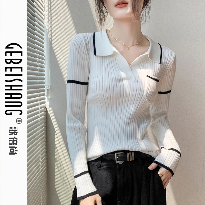 拼色POLO领长袖针织衫女2024早秋新款坑条设计感小众时尚百搭上衣