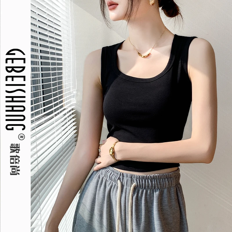 歌倍尚方领女2024夏季气质款新款修身百搭短款无袖T恤内搭上衣