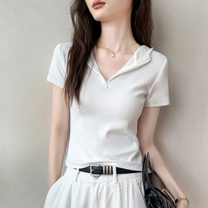 歌倍尚连帽短袖T恤女2024夏季新款拉链修身显瘦纯色百搭白色上衣