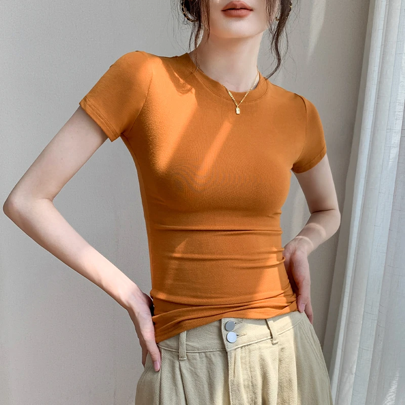 正肩短袖t恤女2024夏新款透气基础款百搭修身显瘦上衣橘色打底衫