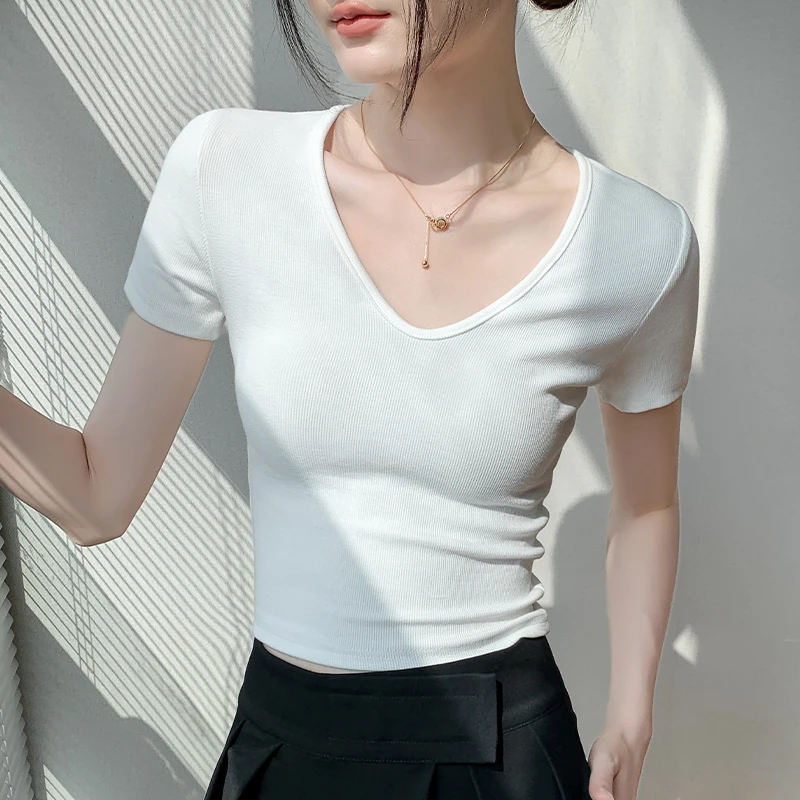 韩版深V领短袖T恤女白色春夏新款修身正肩露脐纯色简约百搭打底衫