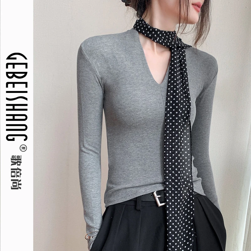 歌倍尚飘带深V领长袖T恤女2024秋冬季新款修身洋气西装内搭打底衫