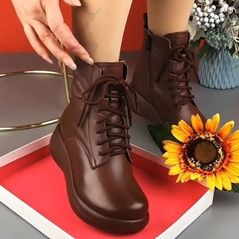 冬季软皮百搭女靴加绒保暖妈妈棉鞋加厚中老年新款女士牛皮棉鞋