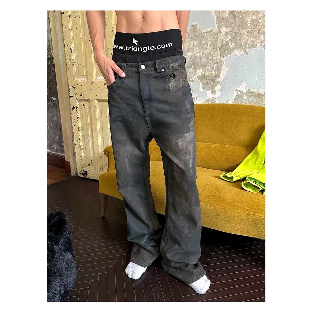 TRIANGLE PROJECT 23AW 水洗黑灰褪色微喇叭泥染手绘做旧牛仔裤