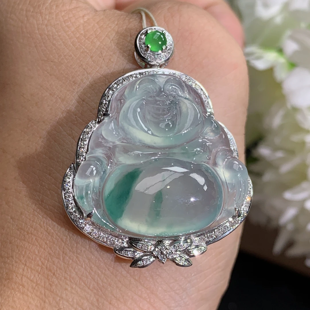 缅甸天然翡翠A货18k金高冰起胶飘花佛公吊坠，尺寸38.5×29.9×11.6