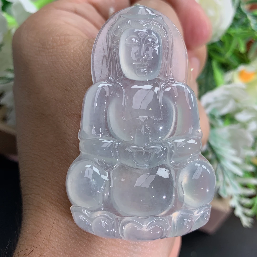 缅甸天然翡翠A货高冰起胶白月光观音吊坠，尺寸57.1×35×6