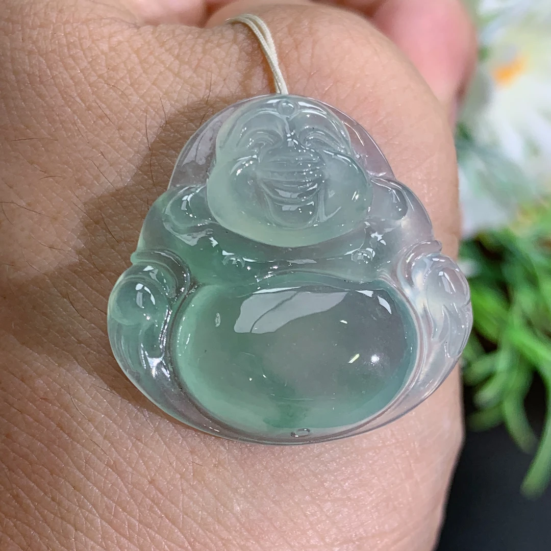 天然翡翠A货玉石冰种起胶飘花佛公吊坠，尺寸26.7×27.4×6