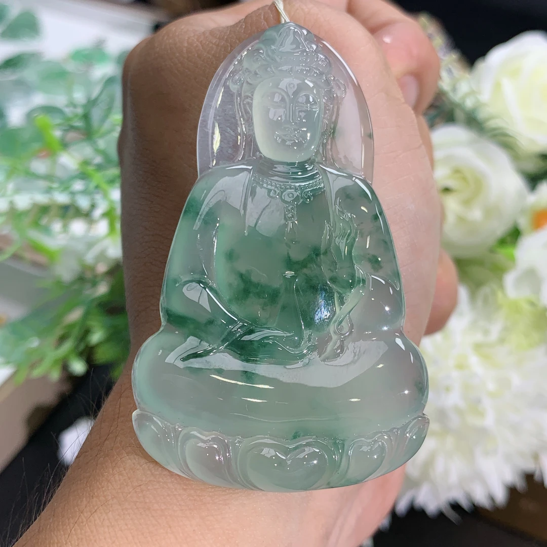 天然翡翠A货玉石高冰起胶飘花素衣观音吊坠，尺寸64.8×39.9×6