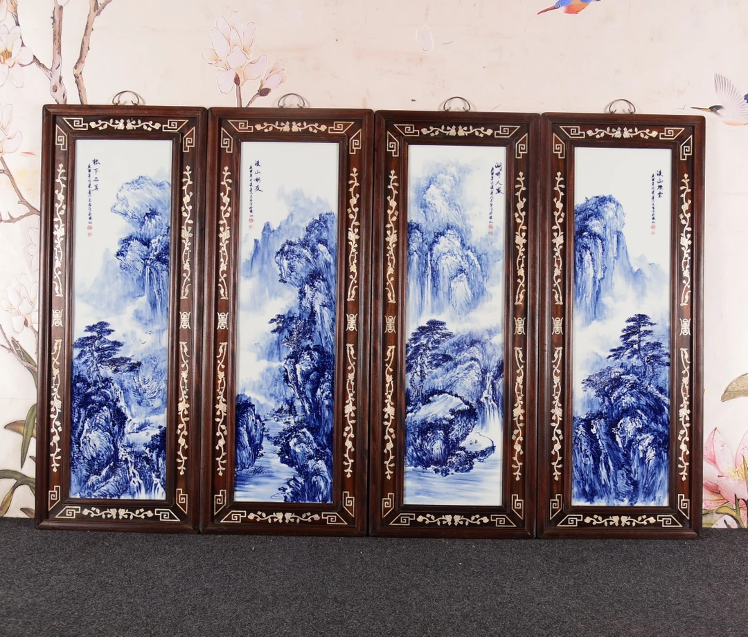 景德镇手工手绘瓷板画柴窑烧制青花大王王步老师作品山水四条屏