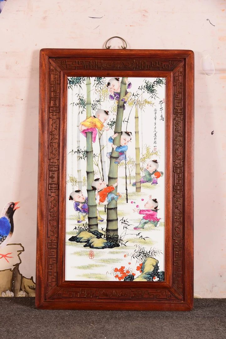 景德镇瓷板画柴窑烧制红木实木框架王大凡老师百子图童子节节高升
