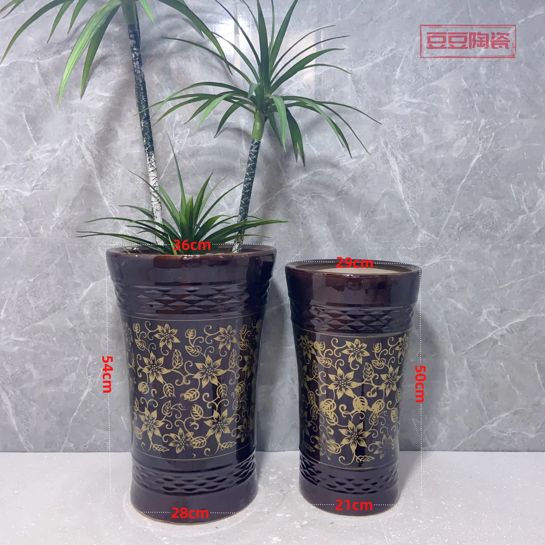 网格印金陶瓷花盆圆筒发财树特大简约透气落地幸福树散尾葵特价盆