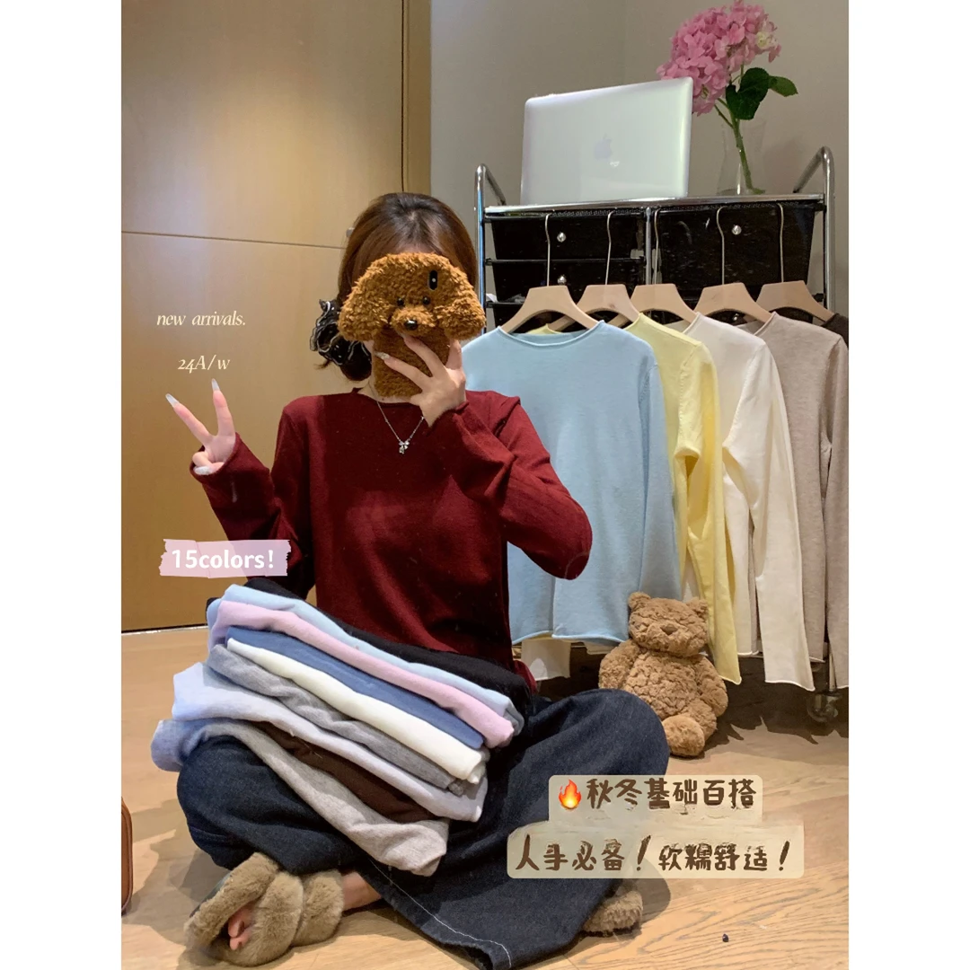 圆领针织衫女2024秋季新款纯色简约宽松软糯薄款毛衣套头打底上衣