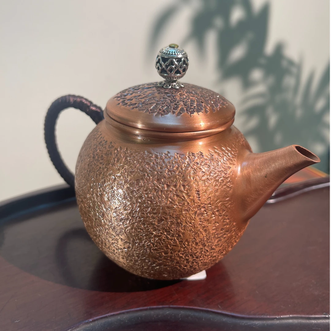 茶器复古水平壶铜包银日式铜壶锤纹壶紫铜泡茶壶精美锤纹手工水壶