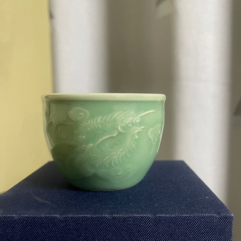 【凤】青瓷梅子青雕龙凤主人杯单杯品茗杯茶具陶瓷全手工柴窑茶杯
