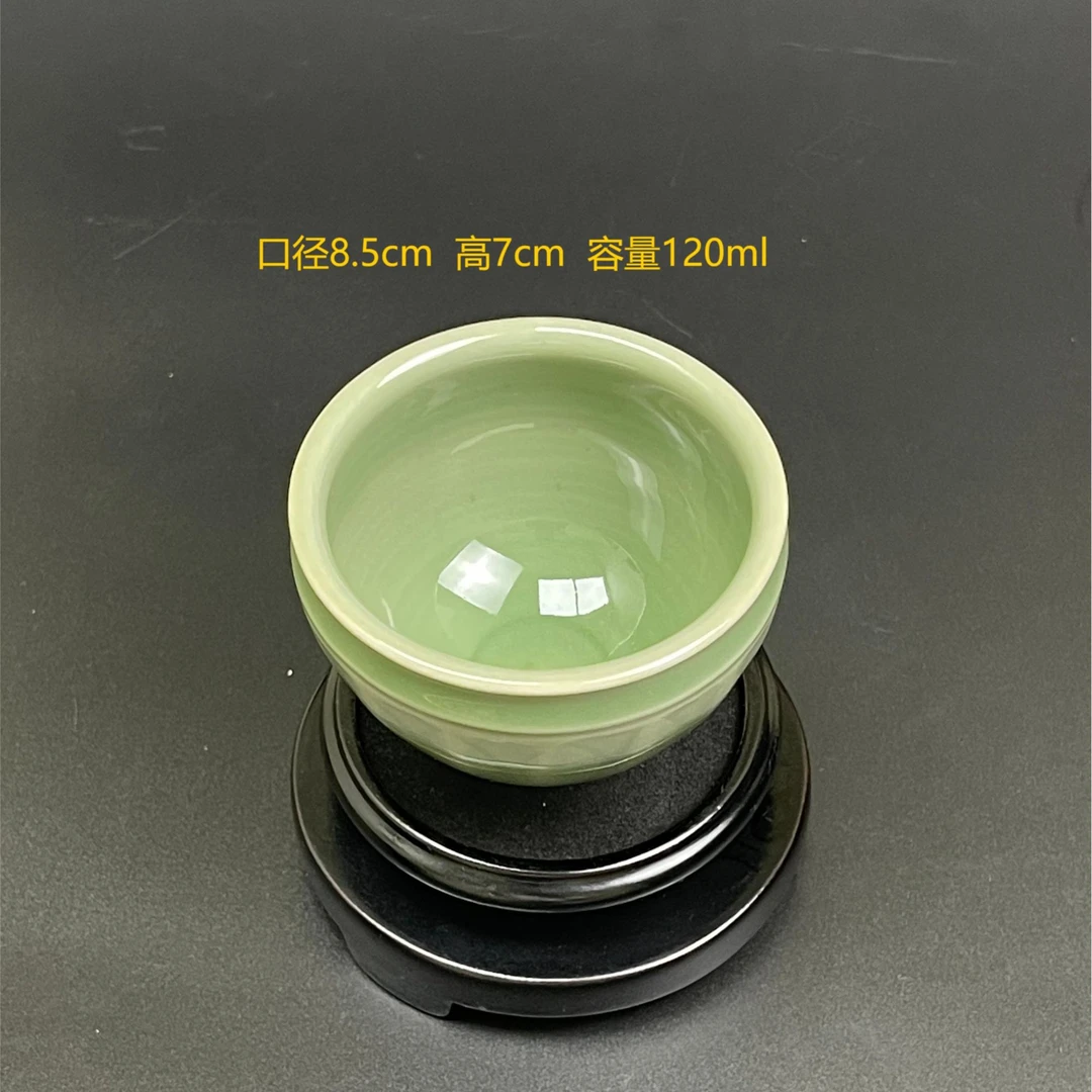 青瓷豆青釉日式复古绿色莲瓣束口杯手工陶瓷主人杯大号创意精美